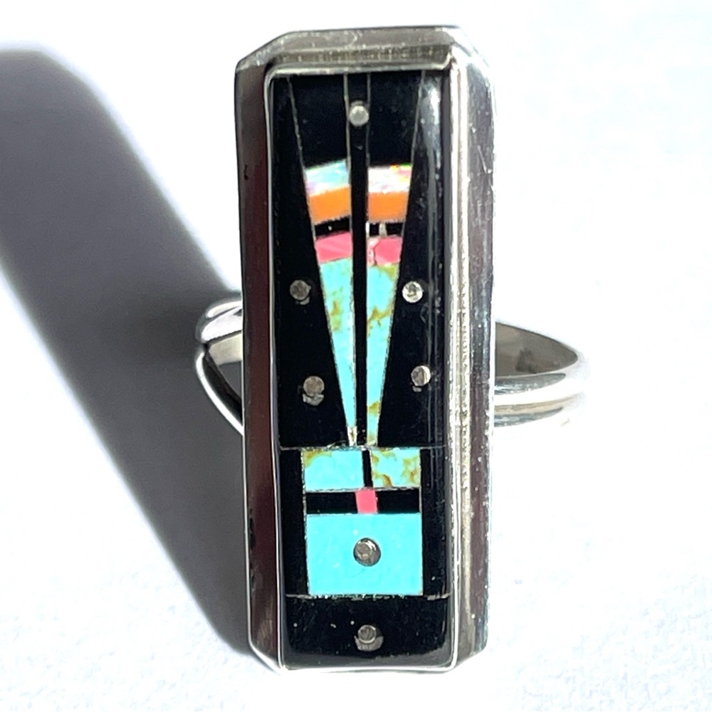 Native American Navajo Night Sky Gemstone Inlaid Rectangular Ring 8.5